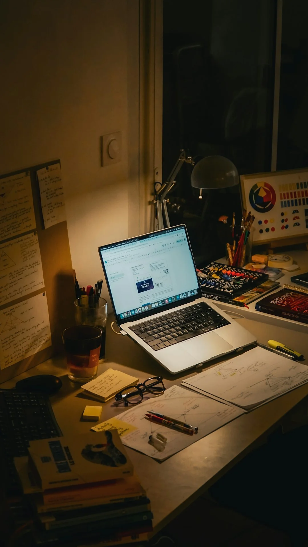 Desk with laptop, books, and papers at night